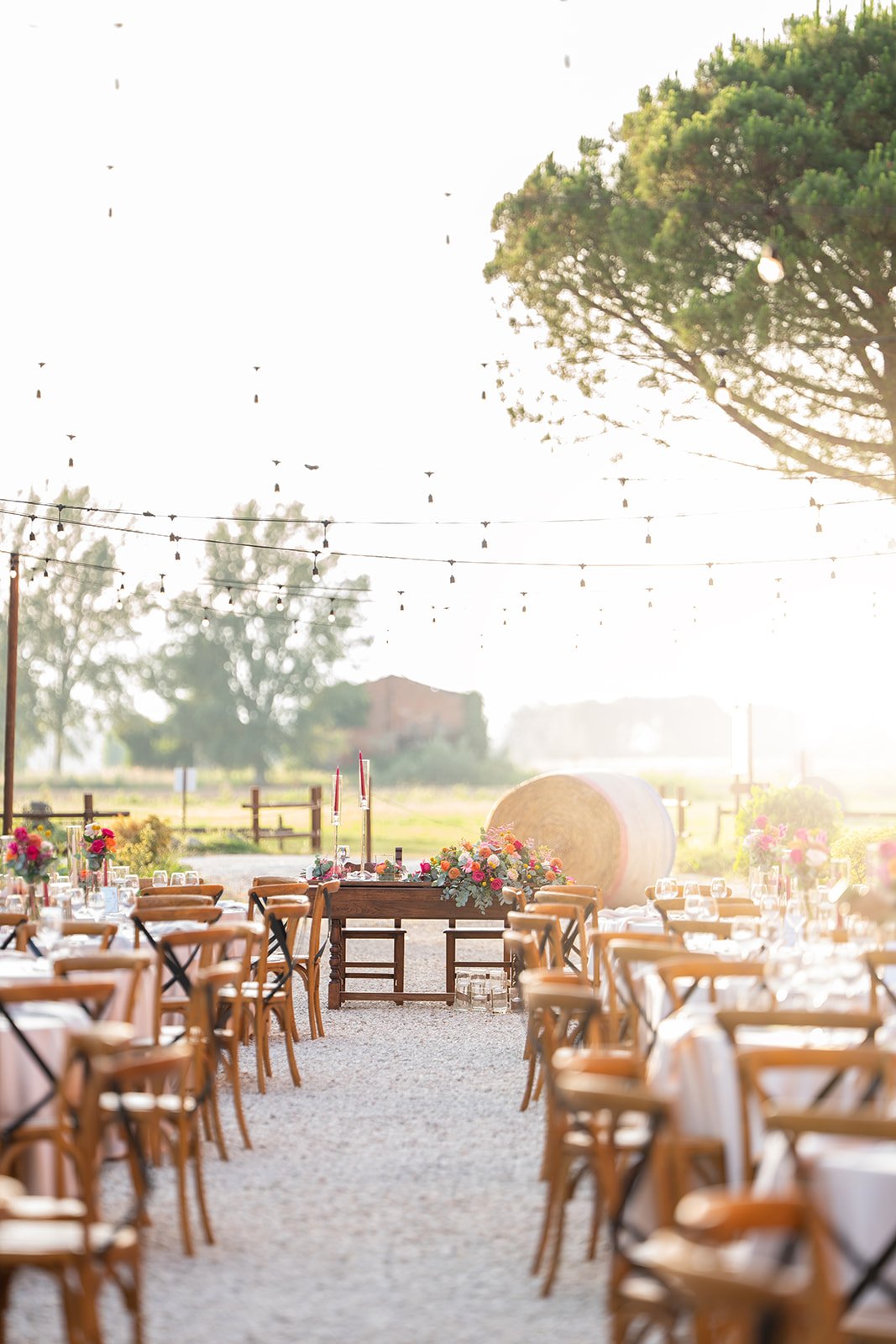 Outdoor dinner under string lights